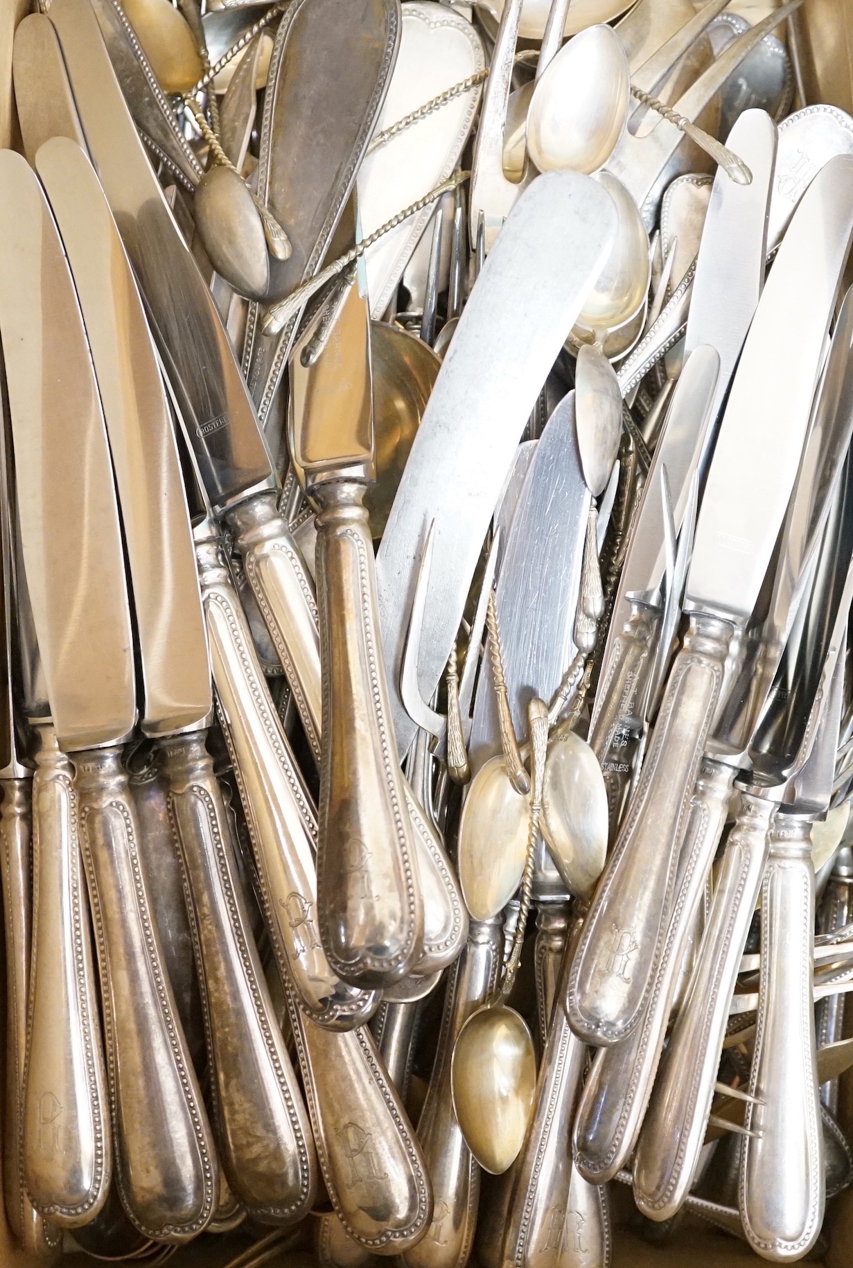 A part canteen of German 800 standard beaded pattern white metal cutlery, by H. Meyen & Co, comprising ten dessert forks, eight pairs of fish eaters, eight table forks, seven tablespoons, eighteen dessert spoons, eightee